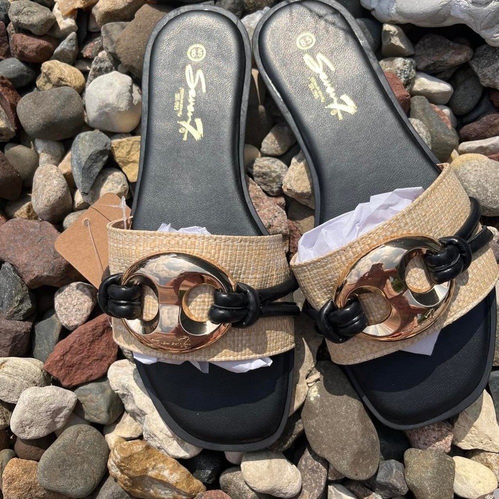 Seven 7 Black + gold ruffle sandals